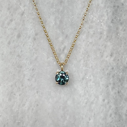 Round Brillliant Blue Green sapphire pendant