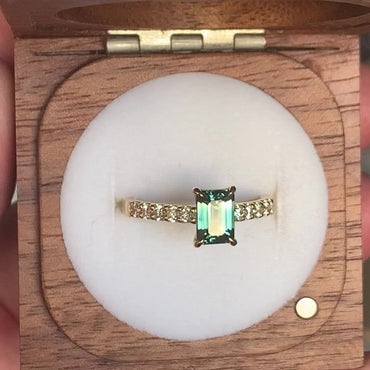 Emerald cut Teal Sapphire & Diamond Ring