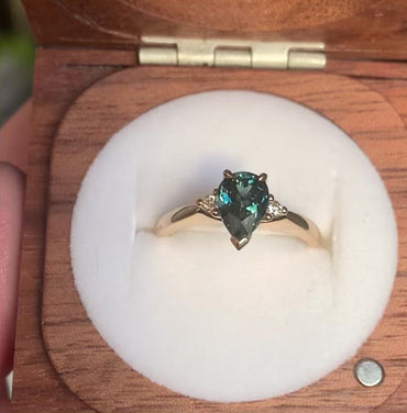 Pear shaped Teal Sapphire & Diamond Trio Ring