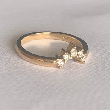 Cara Diamond Arch Band  Band width 2mm  Finger Size O  Complimentary First Size  14ct Yellow Gold  The Diamonds are Colour F clarity VS featuring four 2mm round brilliant cuts and one 3 x 2mm pear cut diamond.  Made with recycled metal in Sydney   Ethically sourced Gemstones 
