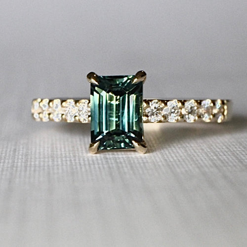 Emerald cut Teal Sapphire & Diamond Ring