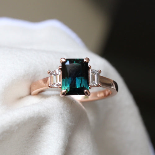 Radiant Cut Blue Green Sapphire & Diamond Olivia Ring