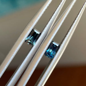 A radiant pair of teal blue Australian sapphires measuring 4.8 x 3mm total weight=0.60ct   Our stones have been ethically sourced from reputable stone merchants. We can also source a variety of stones for you if you have something specific in mind  All photos and videos are taken with natural light   Available for custom making, email for more details    rachel@rachelbethjewellery.com.au