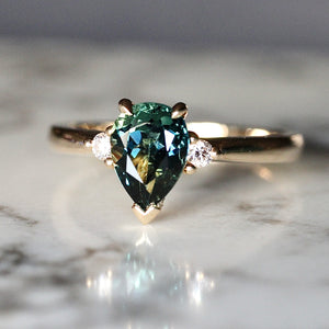 Pear shaped Teal Sapphire & Diamond Trio Ring