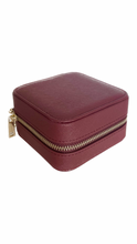 Load image into Gallery viewer,  RACHEL BETH JEWELLERY TRAVEL BOXES Ideally sized for traveling, our Saffinao leather jewellery travel boxes have a handy mirror, compartments for your jewellery, and a zipper to keep everything secure.  Colours Available: Burgundy, Nude, Brown &amp; Black  Approx Dimensions: 11.5cm x 11.5cm x 5.8cm  whilst stock lasts  *Boxes come empty 