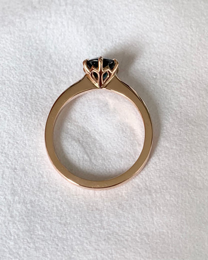 This 14ct Rose Gold Solitaire Chloe Ring is beautifully complimented by a 1.09ct teal blue Australian Sapphire, the stone is set with six eagle shaped claws in Rose gold.  The Sapphire measures 6.14ct and is 1.09cts   The ring is size L & can be sized to sizes I-R   Made with recycled metal in Sydney   Ethically sourced Gemstones 
