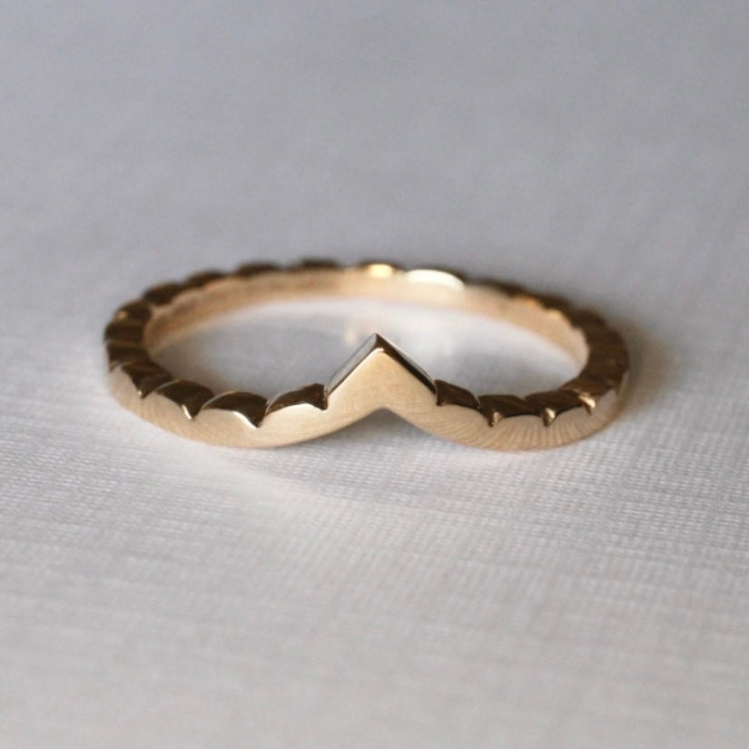 Lila Sculptured V Band  Band width 2mm  Finger Size L  14ct Yellow Gold  Made with recycled metal in our Sydney workshop