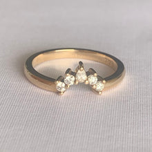 Load image into Gallery viewer, Cara Diamond Arch Band  Band width 2mm  Finger Size O  Complimentary First Size  14ct Yellow Gold  The Diamonds are Colour F clarity VS featuring four 2mm round brilliant cuts and one 3 x 2mm pear cut diamond.  Made with recycled metal in Sydney   Ethically sourced Gemstones 