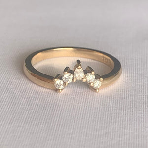 Cara Diamond Arch Band  Band width 2mm  Finger Size O  Complimentary First Size  14ct Yellow Gold  The Diamonds are Colour F clarity VS featuring four 2mm round brilliant cuts and one 3 x 2mm pear cut diamond.  Made with recycled metal in Sydney   Ethically sourced Gemstones 