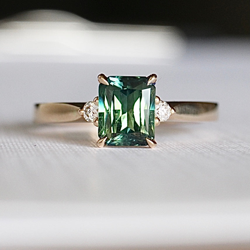 Radiant cut Blue/Green Australian Sapphire & Diamond Trio Ring