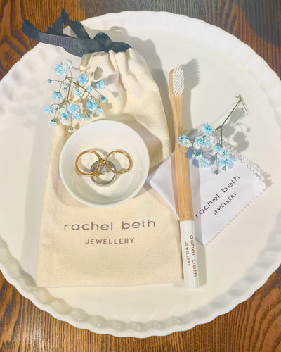 At Home Rachel Beth Jewellery Cleaning Kit  This includes:   - Ceramic tricket tray/cleaning bowl  - Bamboo 100% biodegradable cleaning brush  - Cleaning cloth  - Eco friendly canvas linen bag